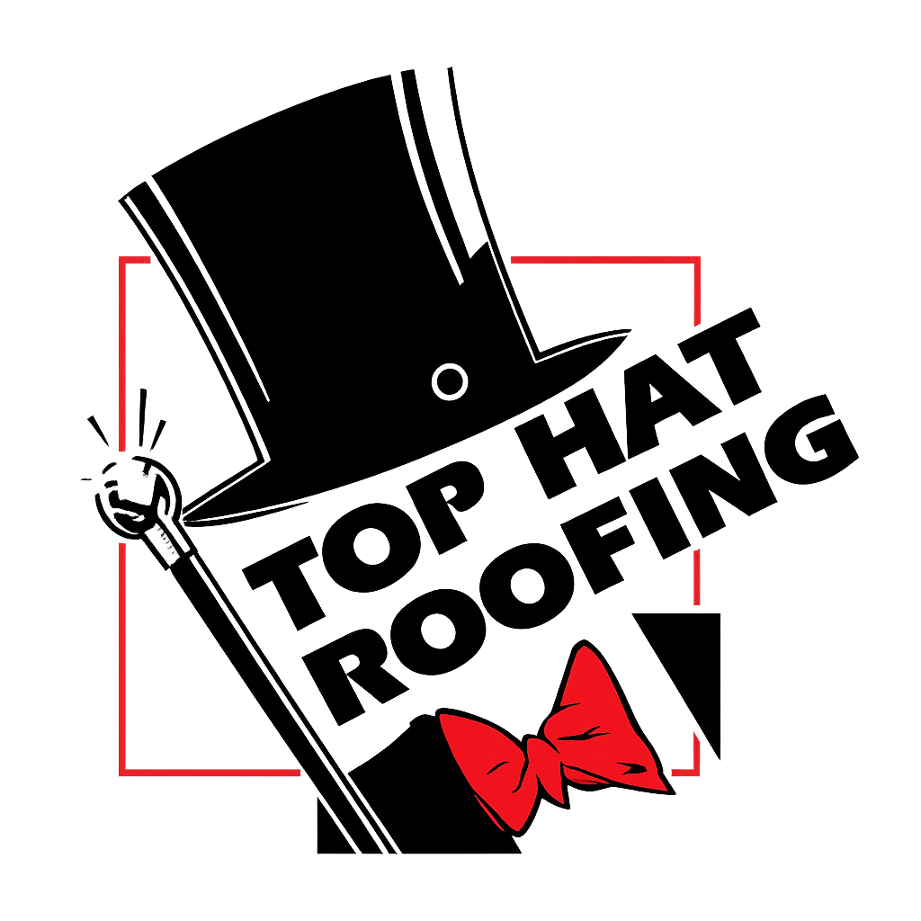 Top Hat Roofing logo — black top hat, cane and red bow tie